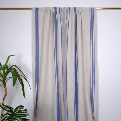 Curtains 100% Linen striped PREWASHED, window panel kitchen Living room farmhouse curtains. Grain Sack flax Bedroom indigo navy blue striped