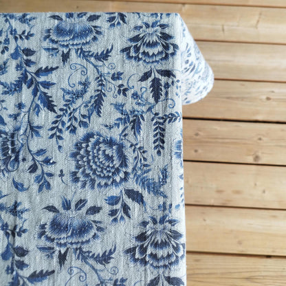 Linen foral tablecloth with blue flowers, French Retro Vintage Vibe table cloth Bohemian Wildflower Pattern