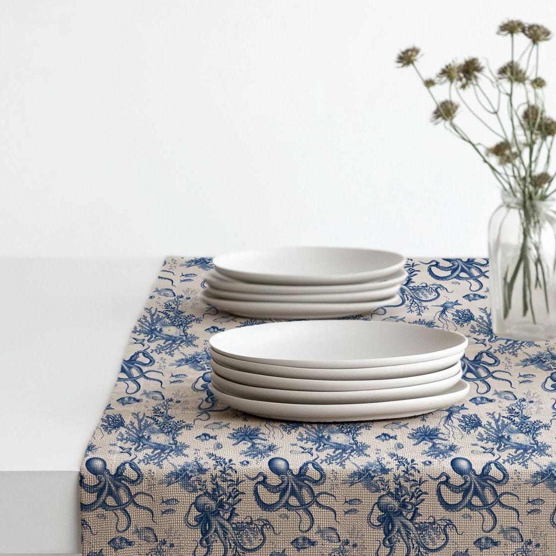 Coastal Linen runner - Octopus block print natural linen - indigo blue Rustic linen Marine Cottage farmhouse country style Stonewashed linen