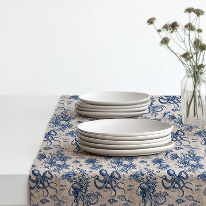 Coastal Linen runner - Octopus block print natural linen - indigo blue Rustic linen Marine Cottage farmhouse country style Stonewashed linen