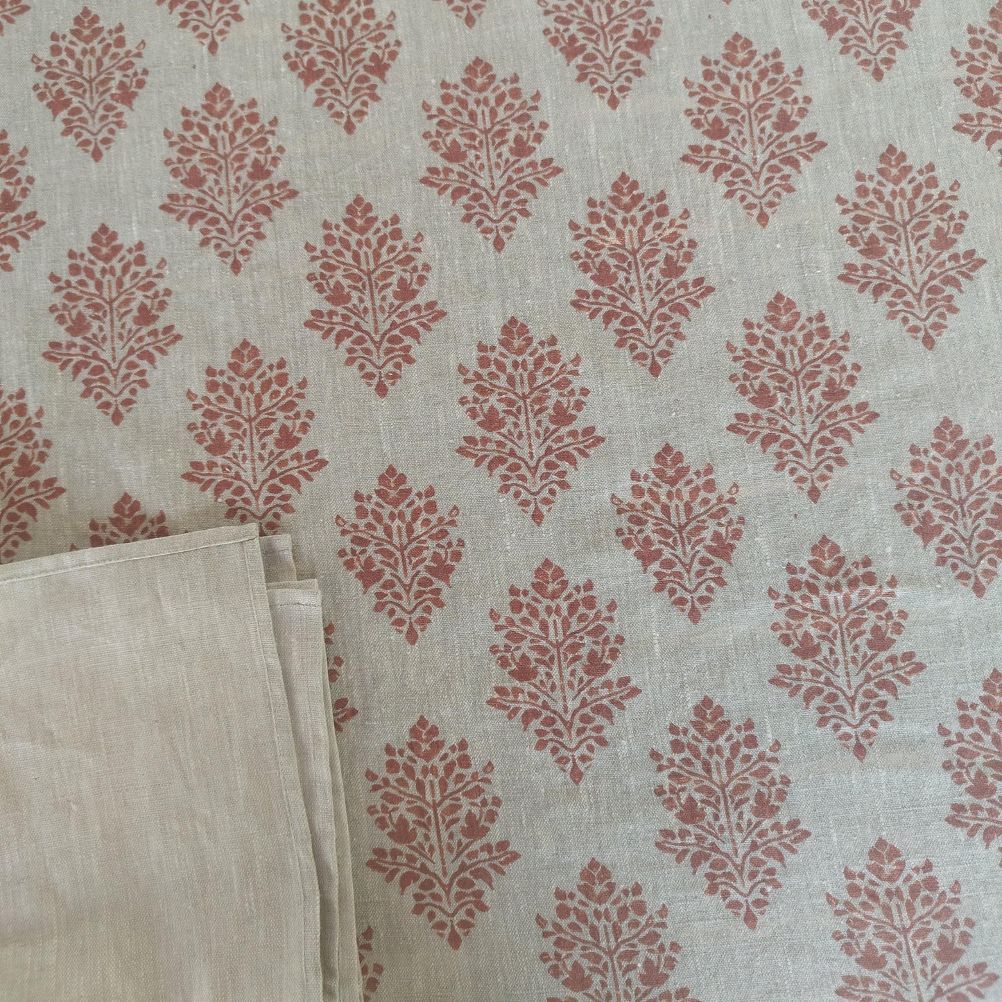 Linen foral tablecloth with red block print flowers, French Retro Vintage Vibe table cloth Bohemian Wildflower Pattern