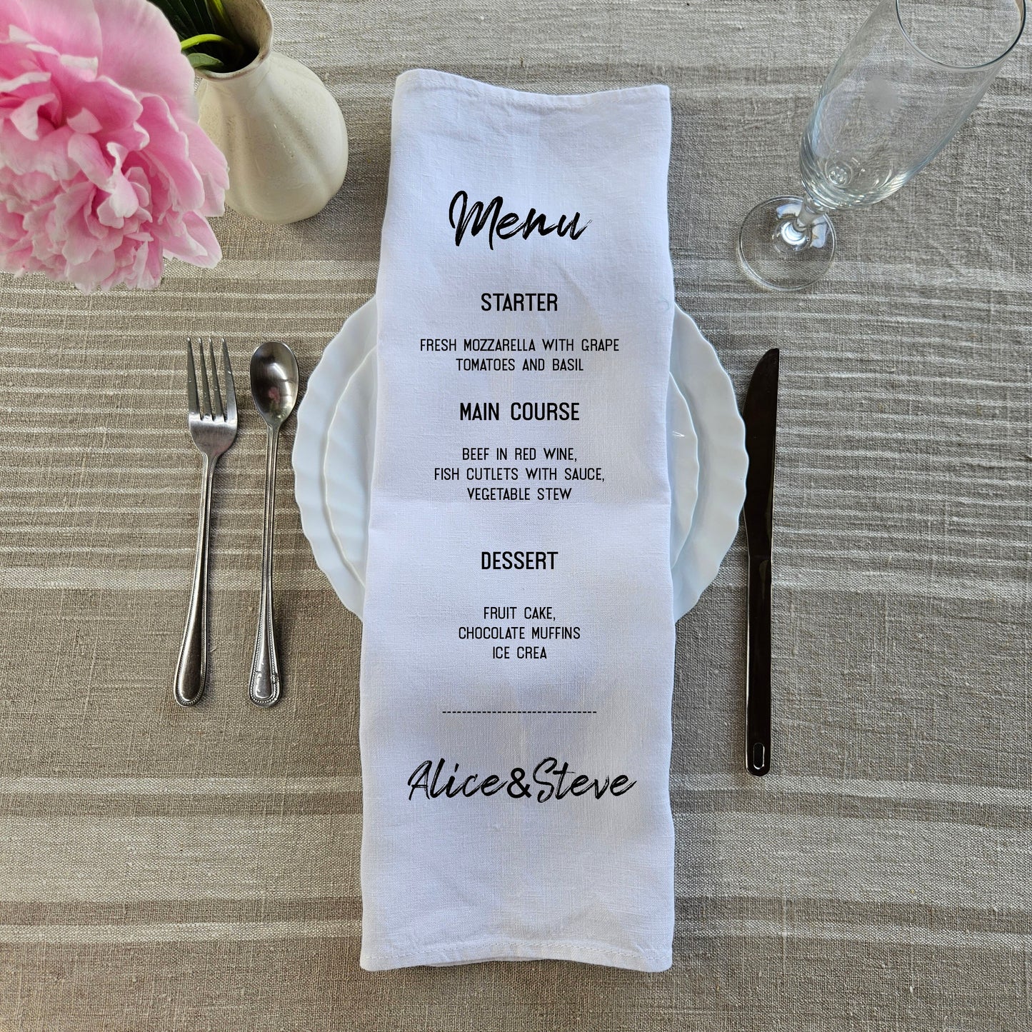 Custom Design White Cloth Cocktail Napkins with Menu -  luxury weddings menu napkins in linen - Custom Names Napkins