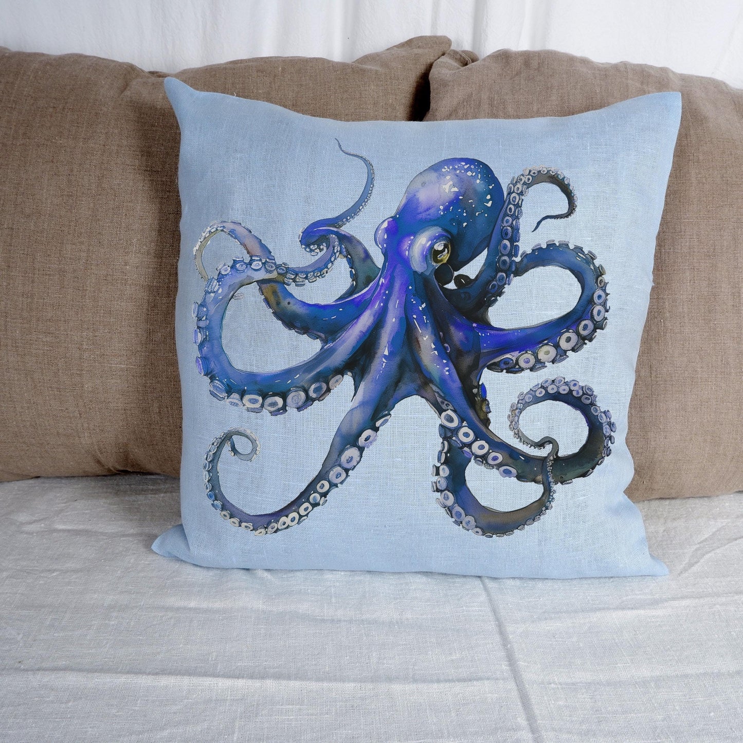 LINEN Cushion cover with Octopus print / Marine decorative linen pillow cover / Coastal marine decor Cushion Housewarming Gift
