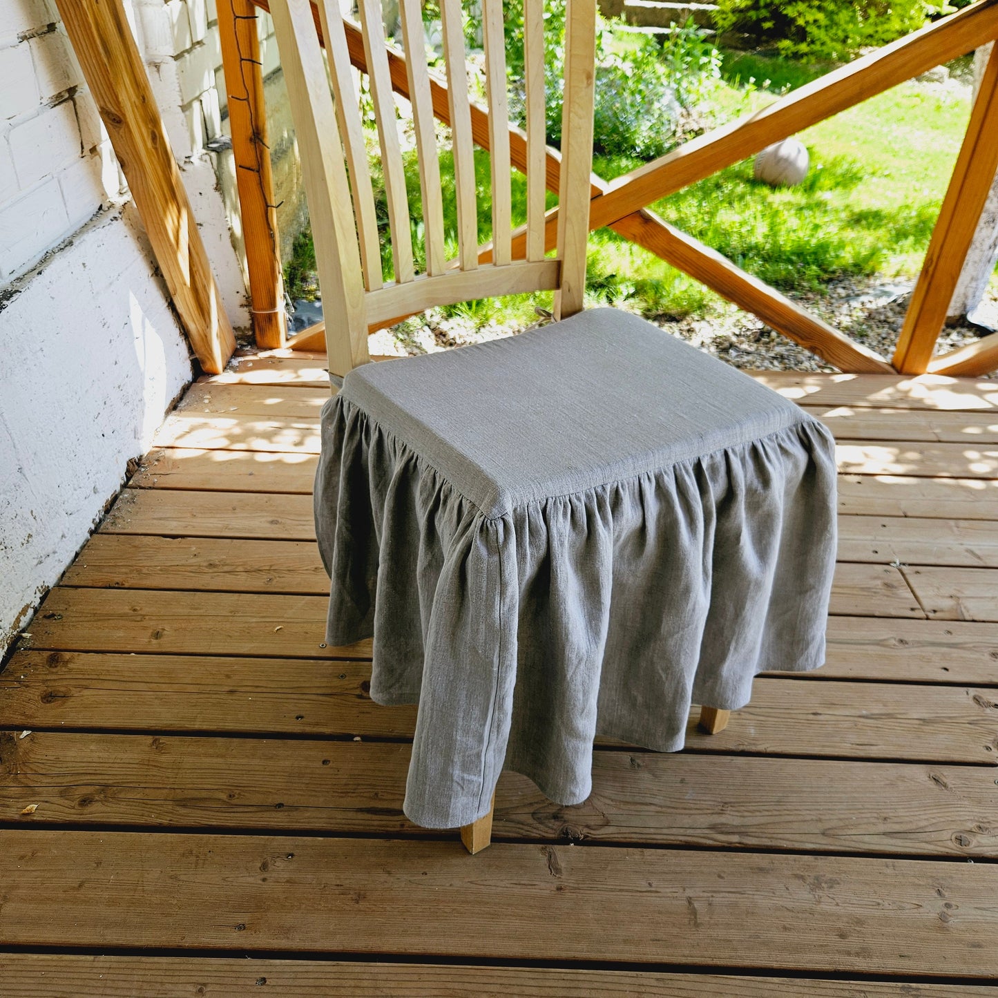 Dining Chair Cover in linen , French Large Linen Chair Seat Covers with 4 sided Ruffle in Natural Flax Color Chair Pad With Ties