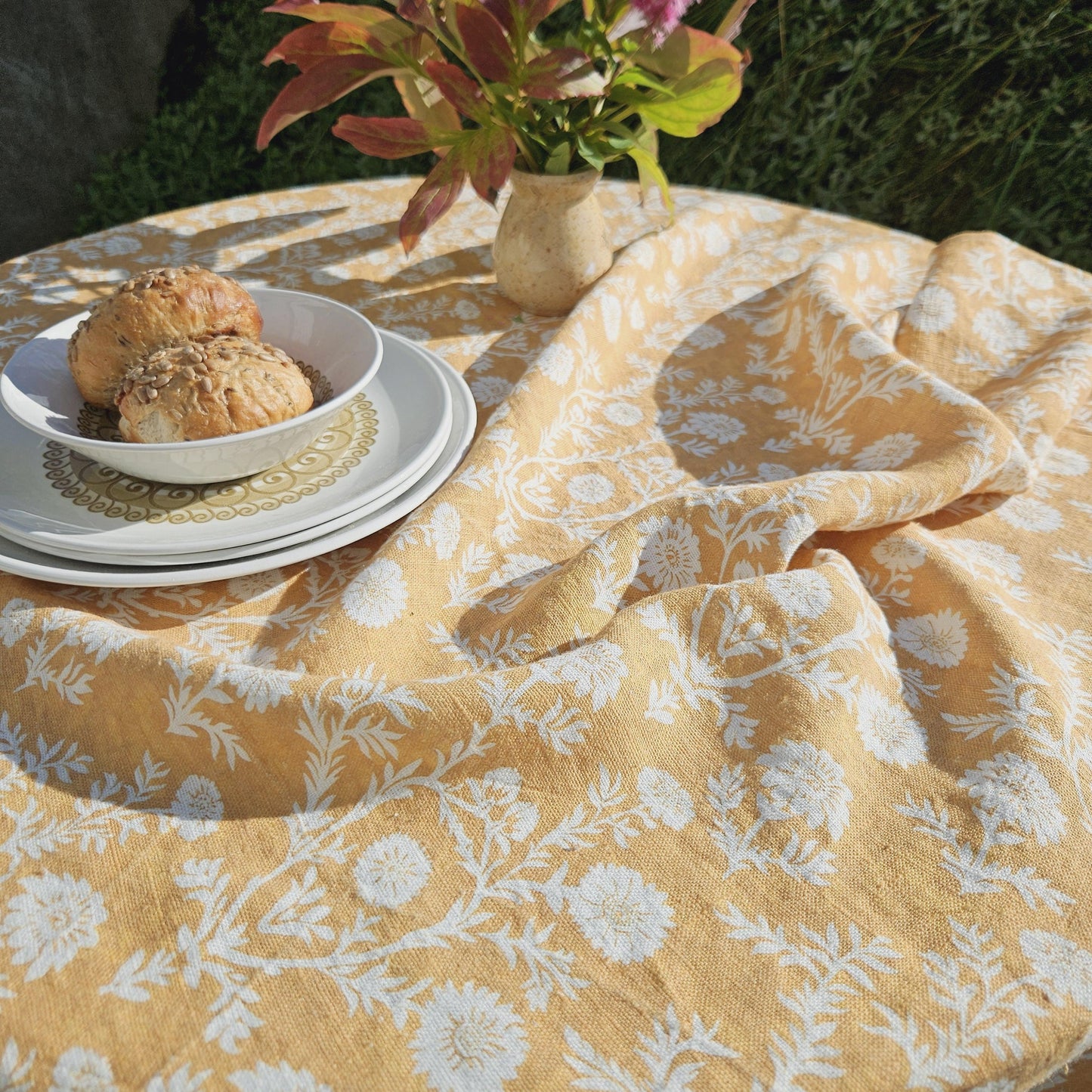 Linen foral tablecloth in mustard black print floral, Sophisticated designer contemporary tablecloth in linen