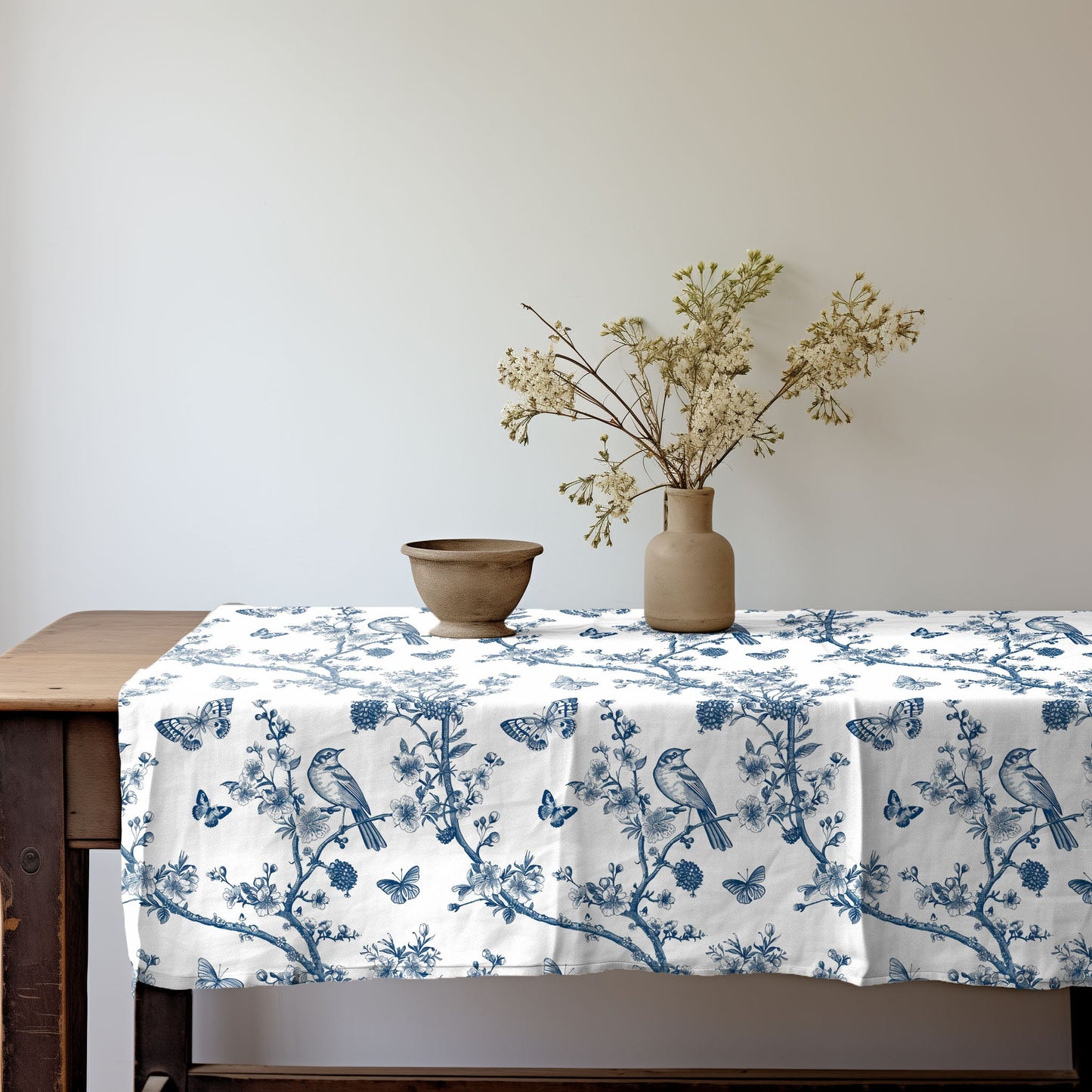 Designer Floral Linen tablecloth Toile de jouy in mustard, botanical tablecloth with trees and birds