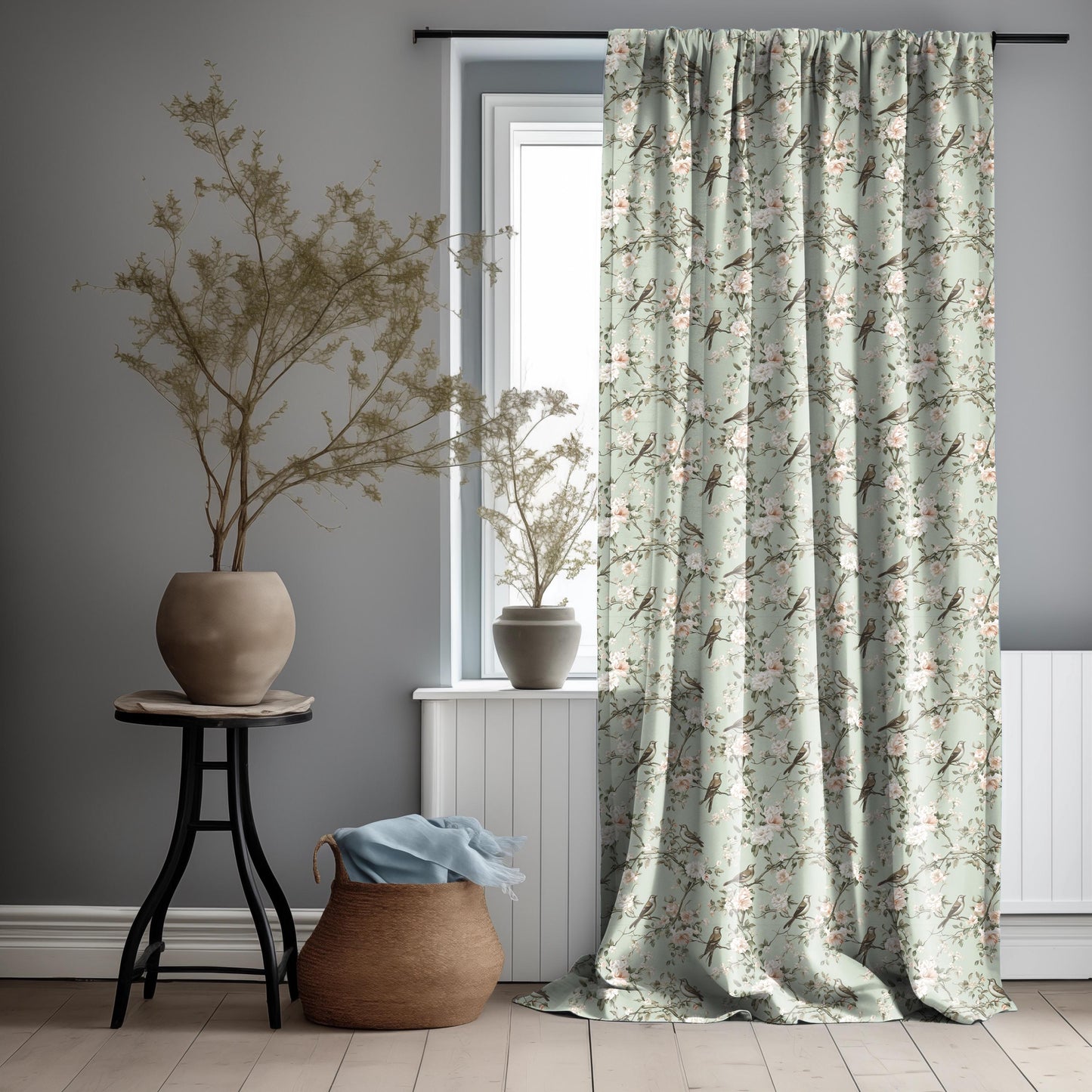 Curtains 100% Linen Toile de jouy Pale green Brids print PREWASHED - kitchen Living room farmhouse linen window panel