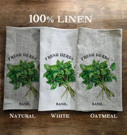 Basil Floral Tea Towel in linen - Hand Towels Tea - Farmhouse Floral Dish Towel - greenery frech herbs Kitchen Décor