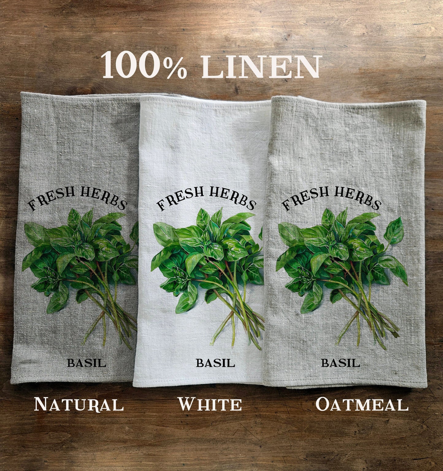 kitchen towel in linen with fresh herbs print basil