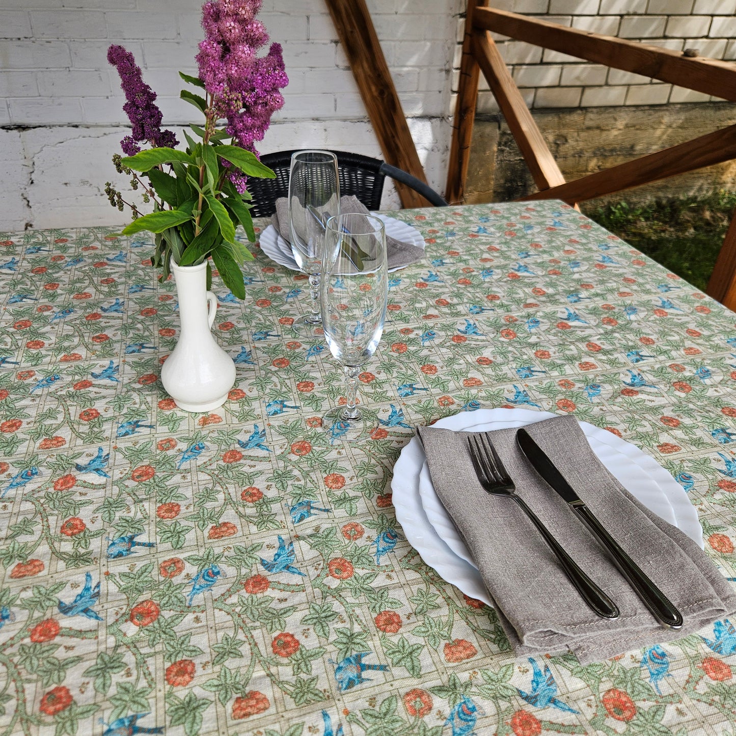 Linen floral tablecloth with birds, william Morris Trellis tablecloth with roses and birds, Victorian arts and crafts movement tablecloth
