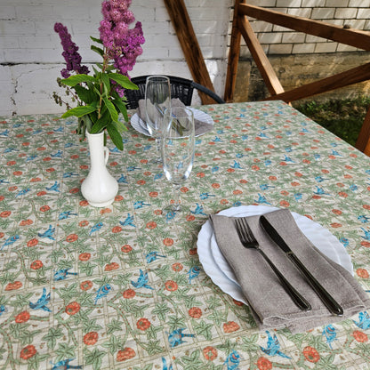 Linen floral tablecloth with birds, william Morris Trellis tablecloth with roses and birds, Victorian arts and crafts movement tablecloth