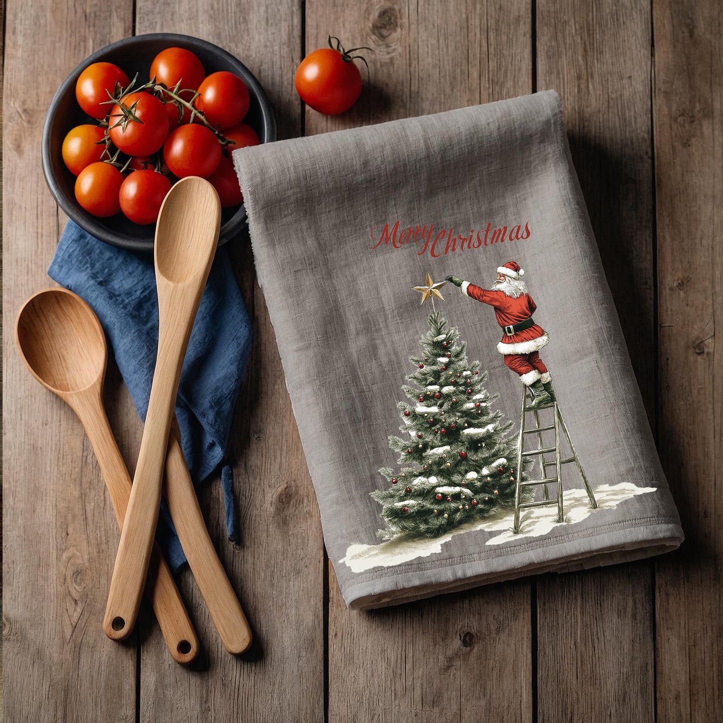 Christmas Tree Tea Towel in linen, Santa Claus Hand Towels Tea in linen Dish Holiday Kitchen Feliz Navidad Frohe Weinachten Merry Christmas