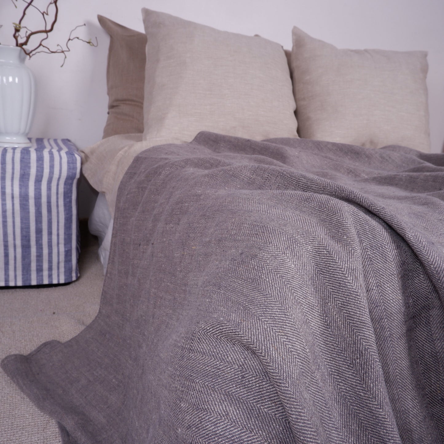 Blue Stonewashed linen Blanket, flax Bedspread - heavy weight huckaback linen bed cover - provence cottage coutrystyle Throw 100% Linen