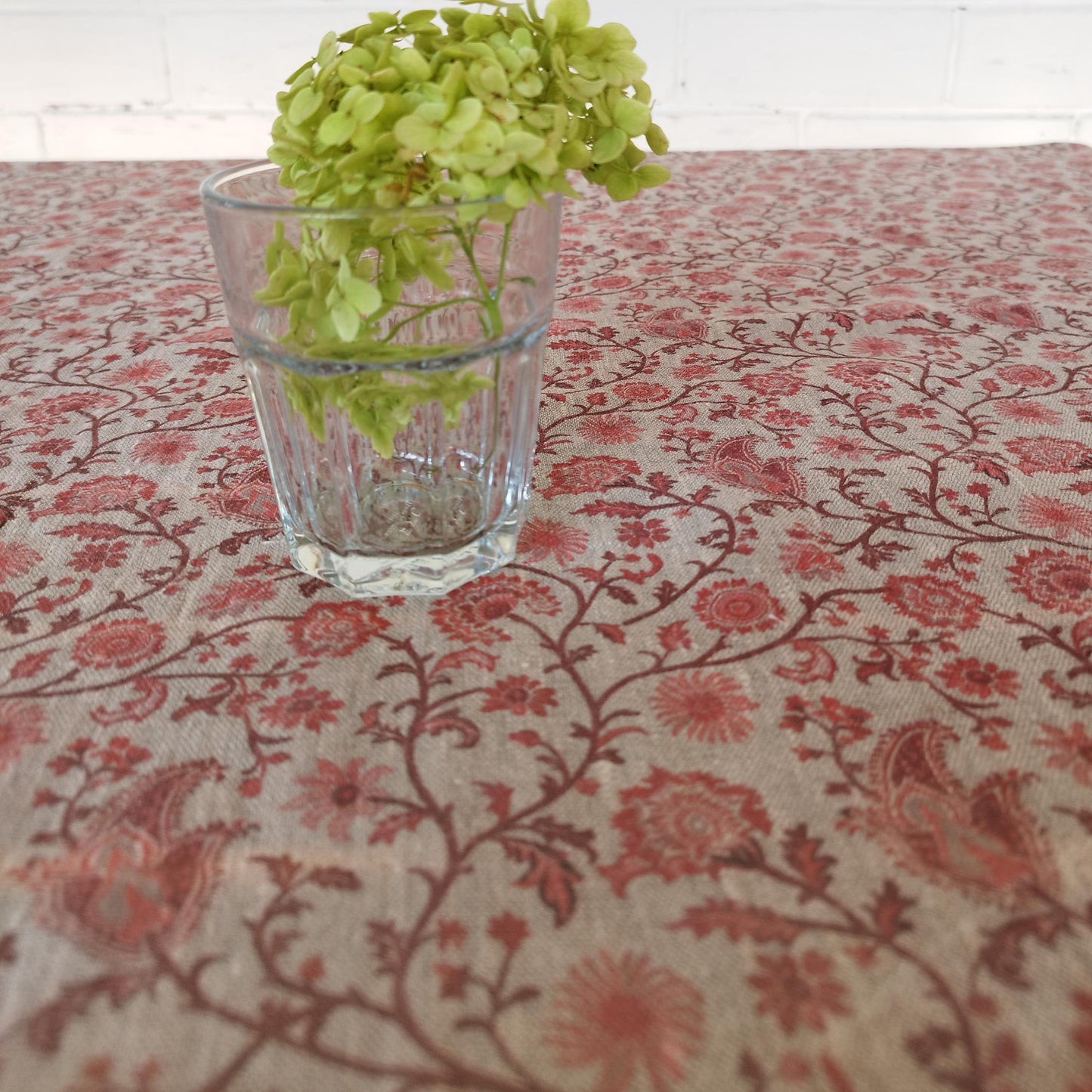 Linen floral tablecloth with red flowers, French Retro Vintage Vibe table cloth Bohemian Wildflower Pattern