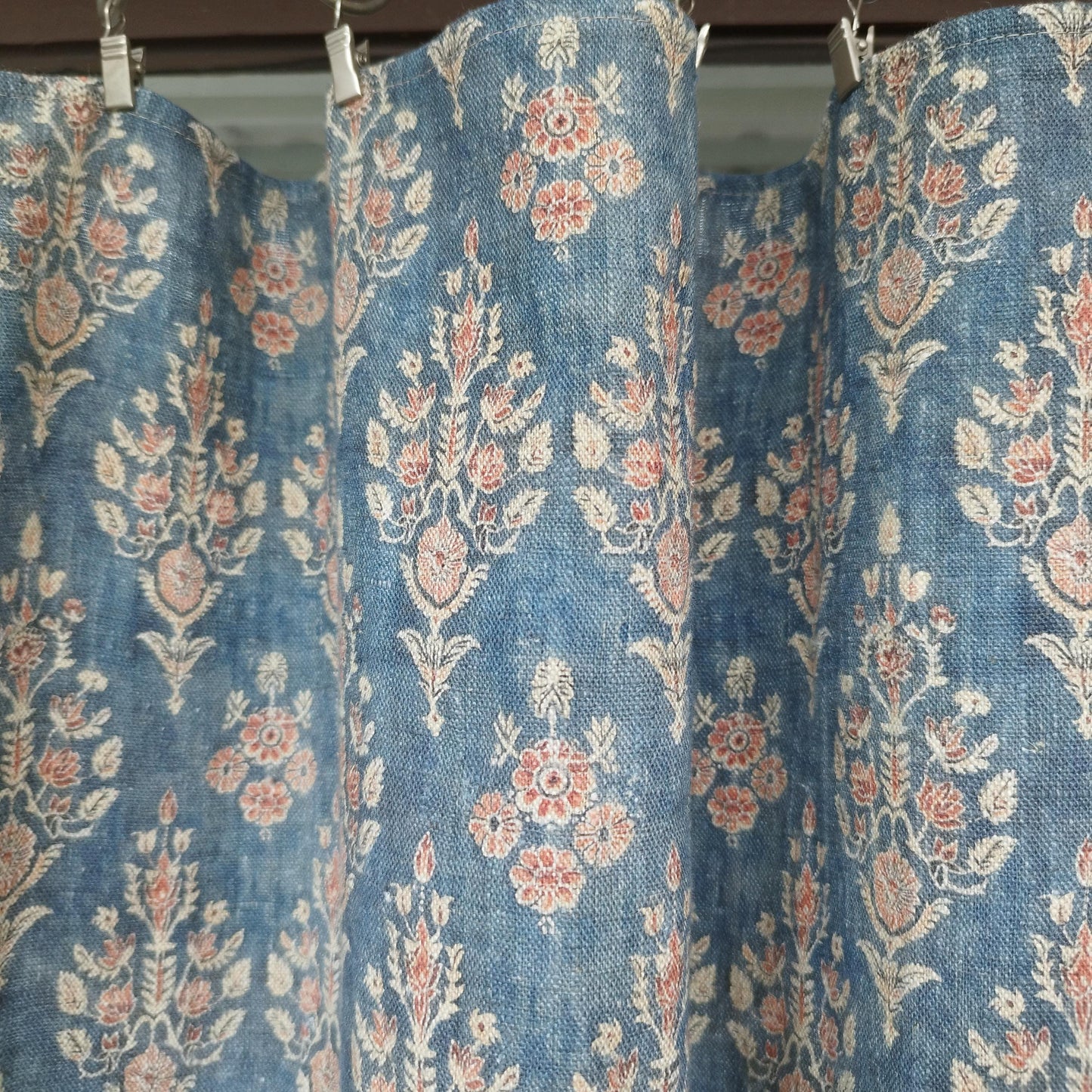 Curtains 100% Linen with indian block print blue pattern  PREWASHED. kitchen Living room farmhouse linen window panel