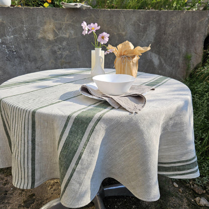 100% Linen Tablecloth in french Provance striped linen for Round table - Table cloth in Natural Linen in custom size neutral green stripes