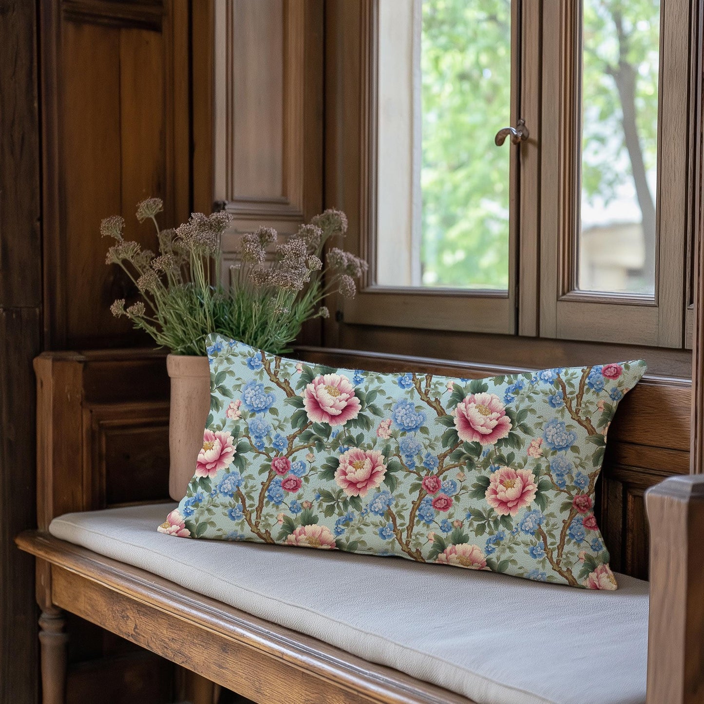Designer Chinoiserie blue Floral on Linen Pillow Cover -  Floral peony Boho Pillow - Farmhouse Floral Block printed pillow on flax