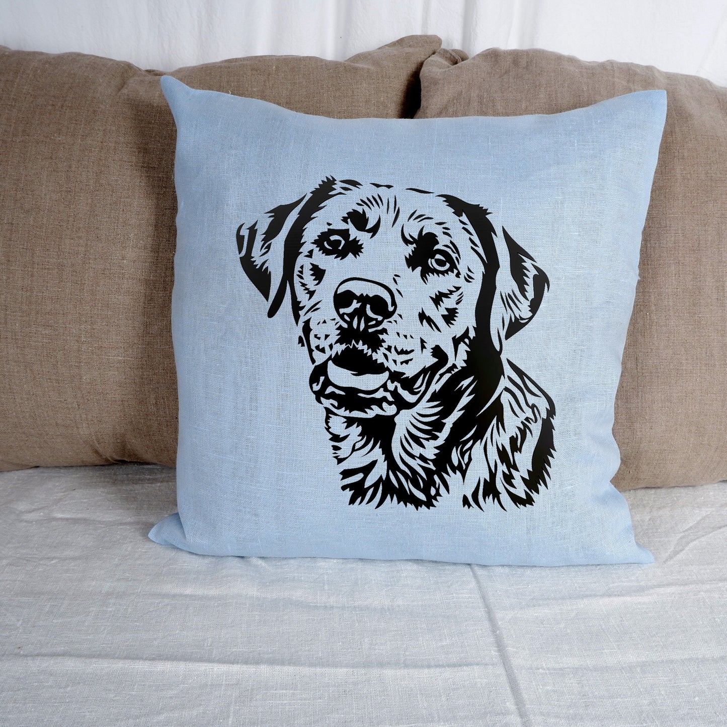 SALE LINEN Cushion cover in blue with dog , decorative linen pillow cover  cushion