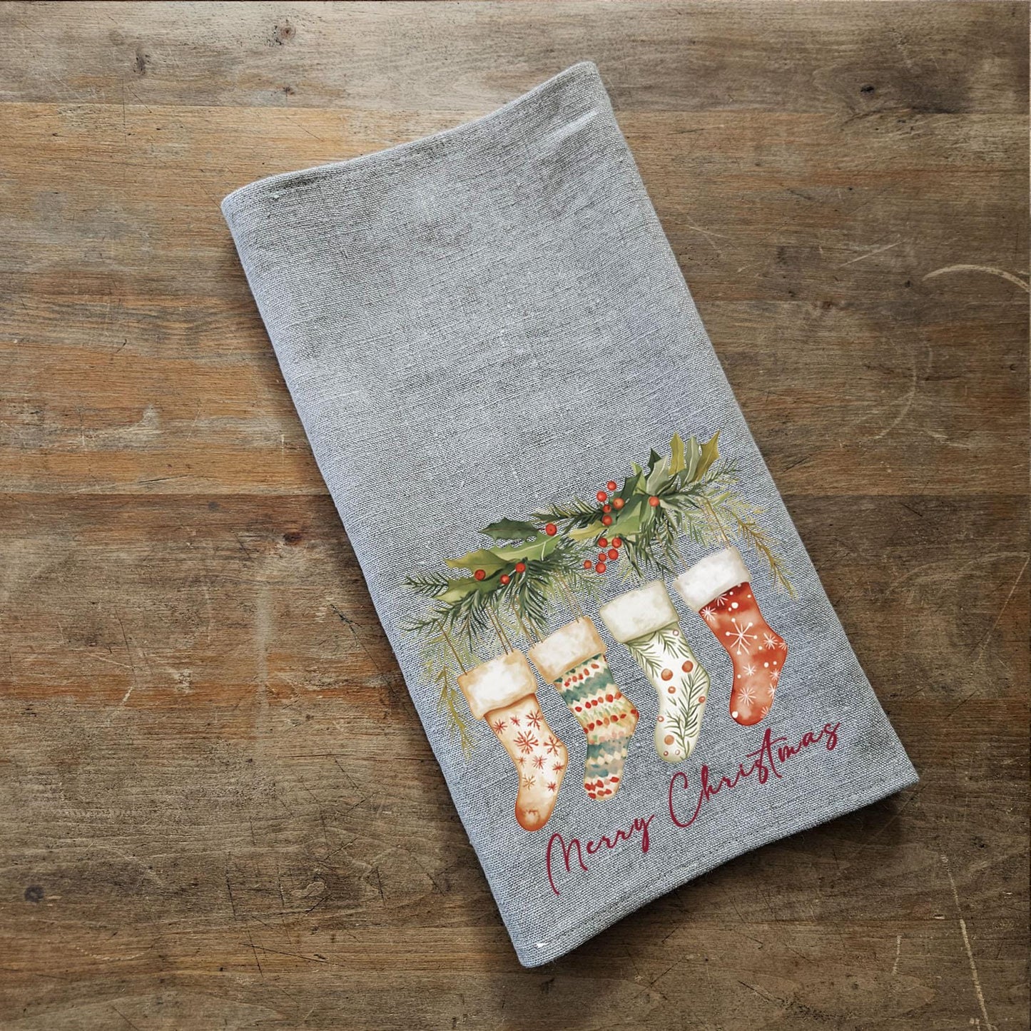 Christmas socks Tea Towel in linen, Holiday decor hand Towels Tea in linen, Merry Christmas Dish Towel Kitchen Décor Tea Towel in linen