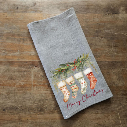 Christmas socks Tea Towel in linen, Holiday decor hand Towels Tea in linen, Merry Christmas Dish Towel Kitchen Décor Tea Towel in linen