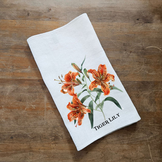 Tiger lily floral Tea Towel in linen, Botanical Hand Towels Tea in linen, lilly flowers linen  Dish Towel  Kitchen Décor Tea Towel in linen