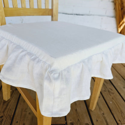 Dining Chair Cover in linen , French Large Linen Chair Seat Covers with 4 sided Ruffle in Natural Flax Color Chair Pad With Ties
