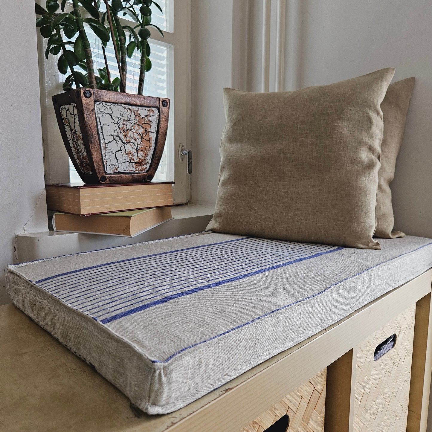 bench foam cushion with insert in french striped linen