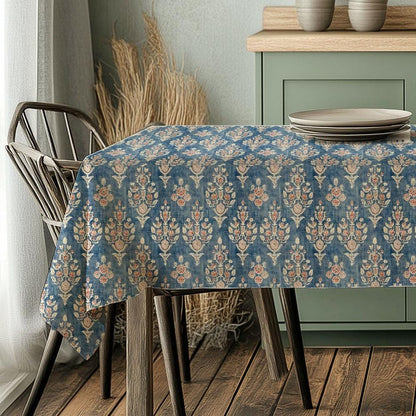 French placemat or tablecloth with Blue print -  French Retro Vintage table cloth Bohemian Blue on natural linen with floral block stamp