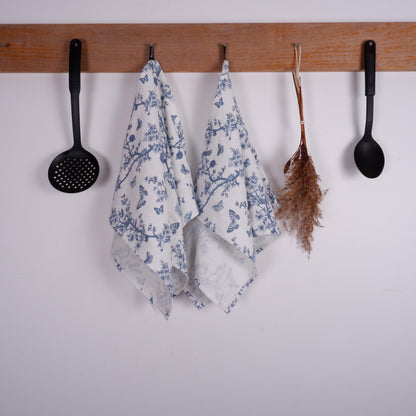 French Tea Towel in linen with toile de jouy print Indigo blue, floral Hand Tea Dish Towel Kitchen Décor Tea Towel