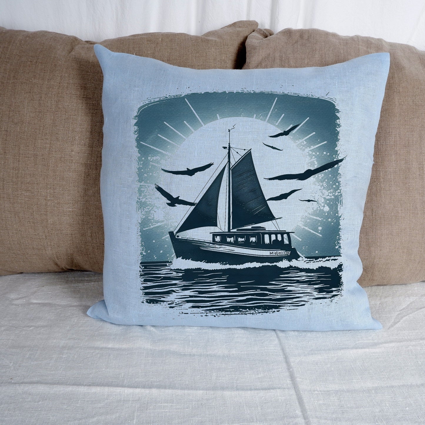 SALE LINEN Cushion cover Nordic folk art, Marine decorative linen pillow cover , Boat Summer marine decor Cushion Housewarming Gift,