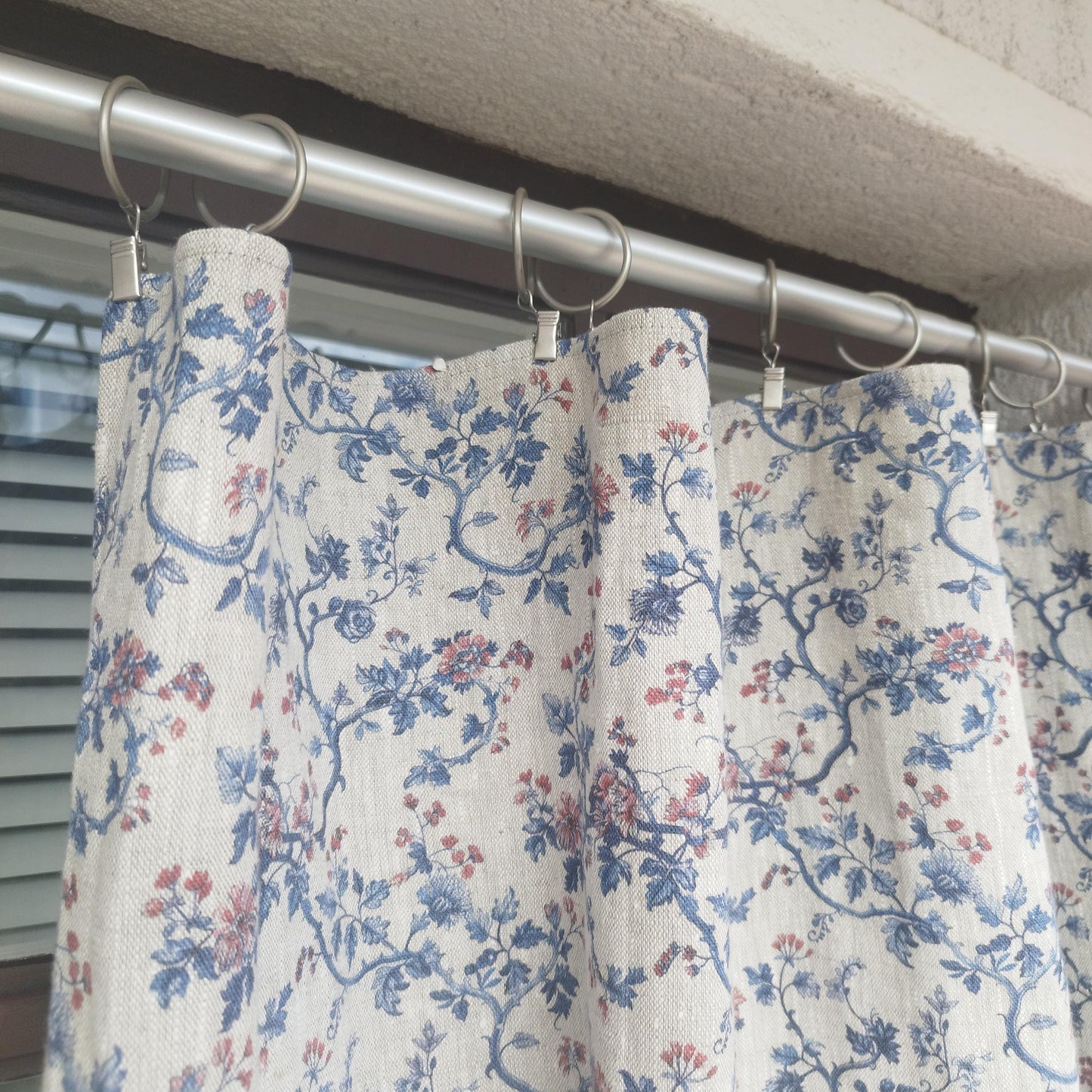 Curtains 100% Linen with botanical red blue toile de jouy print PREWASHED. kitchen Living room farmhouse linen window panel