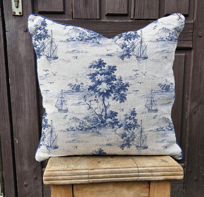 Modern indigo linen Coastal Pillow Cover, blue Boho Pillow block print on linen, Coutryhome printed pillow case in European flax with Ships