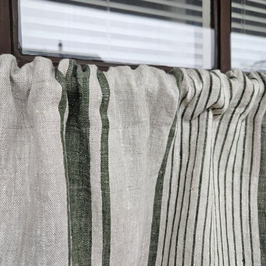 Curtains 100% Linen striped PREWASHED, window panel kitchen Living room farmhouse curtains. Grain Sack flax Bedroom indigo navy blue striped