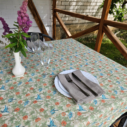 Linen floral tablecloth with birds, william Morris Trellis tablecloth with roses and birds, Victorian arts and crafts movement tablecloth