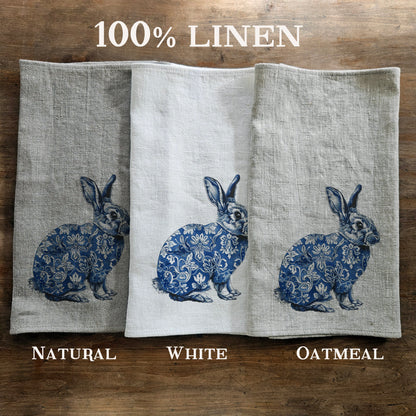 Bunny Floral Tea Towel in linen - rabbit with four clover Hand Towels Tea - Farmhouse Floral Dish Towel - Easter Décor Kitchen Tea Towel