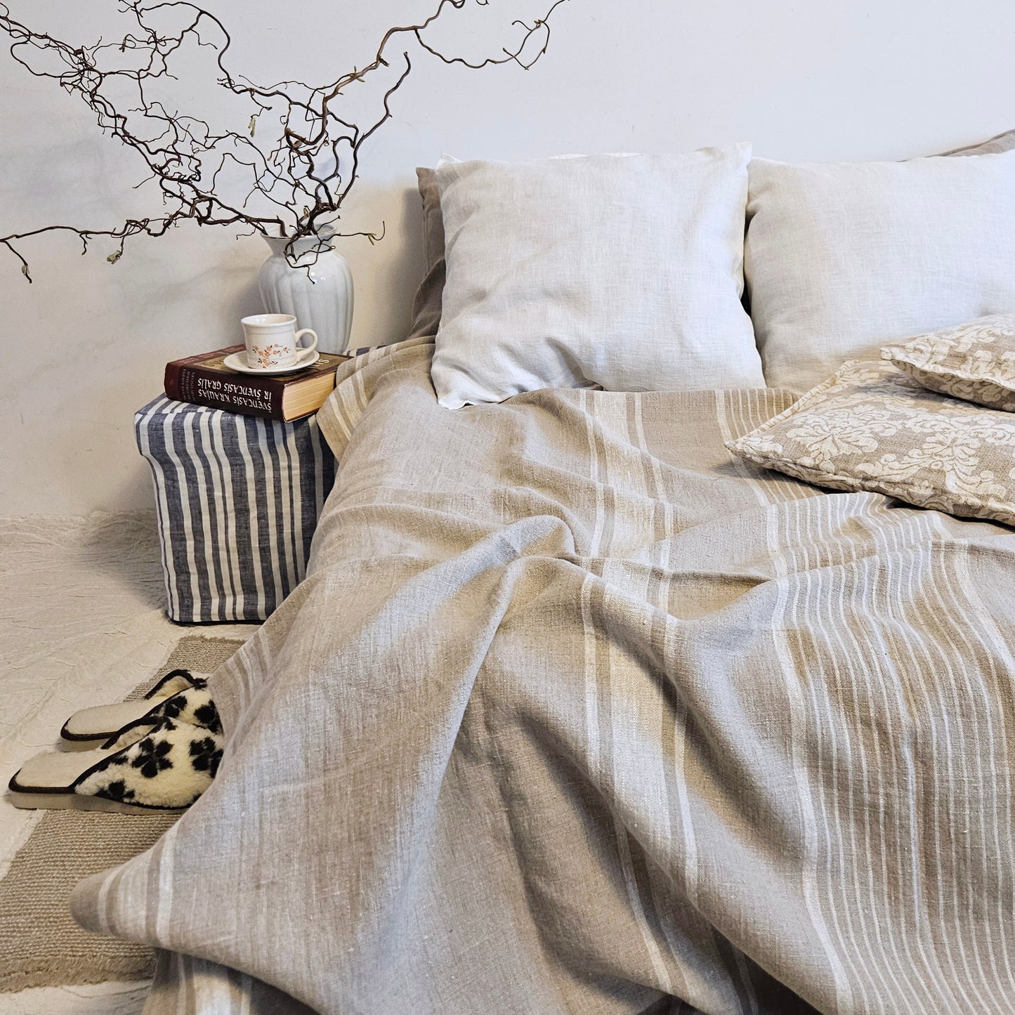 French linen Blanket, flax Bedspread - heavy weight huckaback linen bed cover - provence cottage coutrystyle Throw 100% Linen