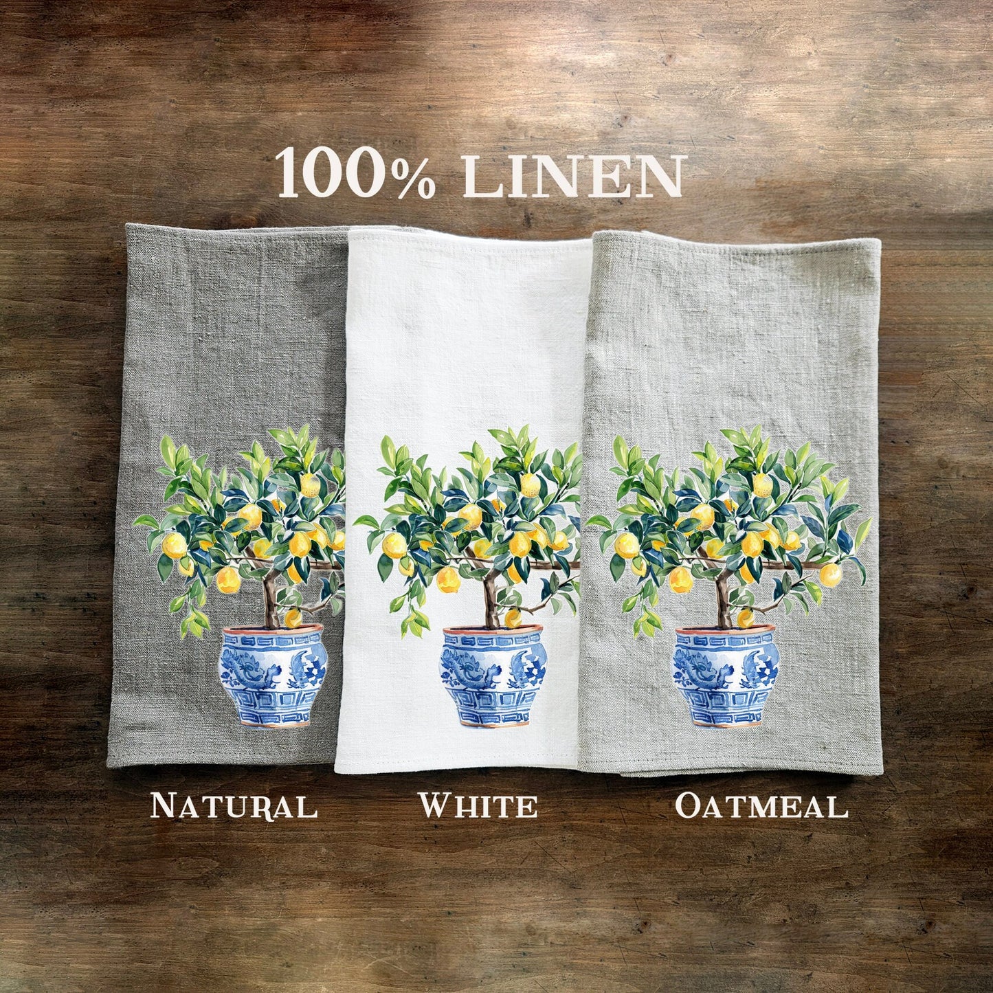 Lemon tree in chinoise pot Tea Towel in linen, floral Hand Towels Tea, botanical Floral Dish Towel, Floral Kitchen Décor Tea Towel