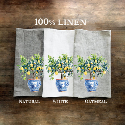 Lemon tree in chinoise pot Tea Towel in linen, floral Hand Towels Tea, botanical Floral Dish Towel, Floral Kitchen Décor Tea Towel