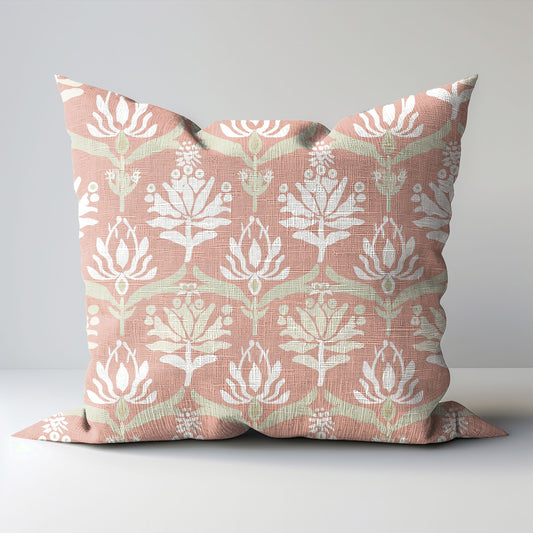 Modern linen Floral Pillow Cover in blush pink, pink Boho Pillow block print on linen, Coutryhome block printed pillow in European flax