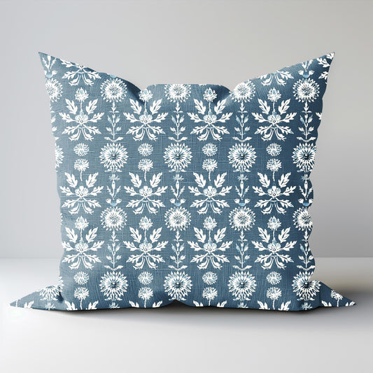 Designer Floral Teal blue on Natural linen pillow cover, Boho pillow with teal blue print, botanical Cushion cover decorative pillow cover