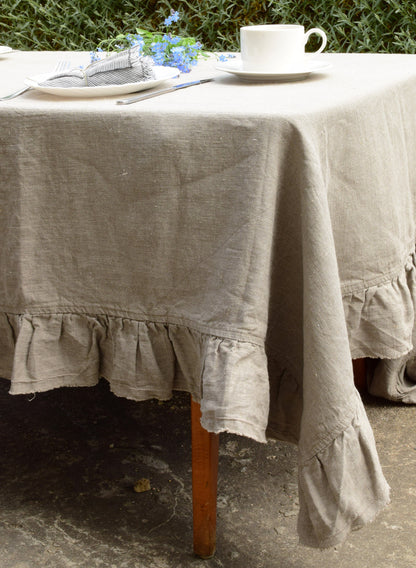 100% Linen tablecloth with RUFFLES - PREWASHED French cloth rustic country style - Farmhouse Shabby chic table decor - striped tanned white