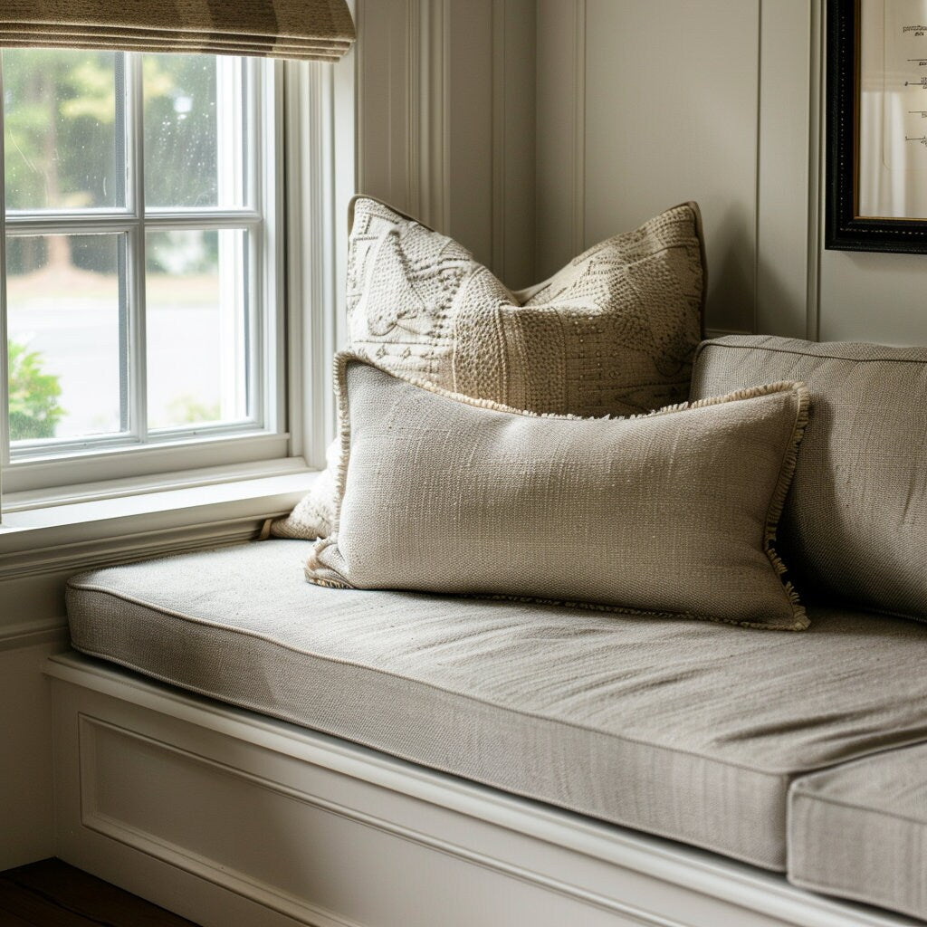 3" Bench cushion in linen in custom size, natural Window seat cushions, Handmade mudroom Cushion, Built-In Seating Kitchen Cushion