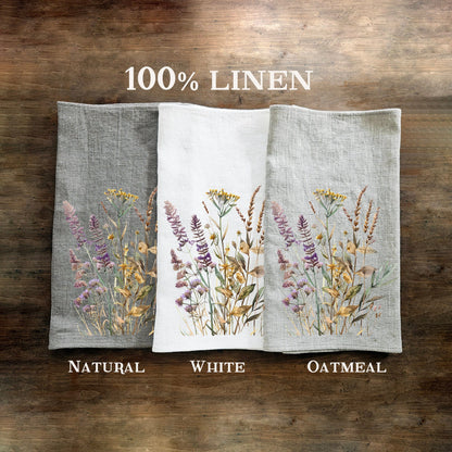 Flax floral Tea Towel in linen, Botanical Hand Towels Tea in linen, meadow flowers linen  Dish Towel  Kitchen Décor Tea Towel in linen