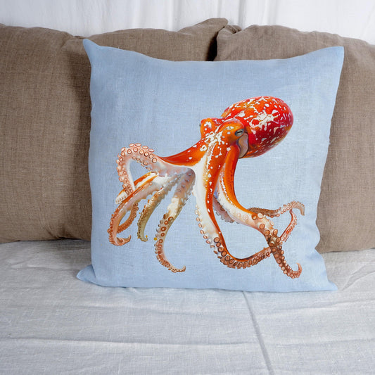 LINEN Cushion cover with Squid print, Marine decorative linen pillow cover , Coastal marine decor Cushion Housewarming Gift