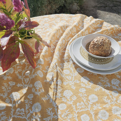 Linen foral tablecloth in mustard black print floral, Sophisticated designer contemporary tablecloth in linen