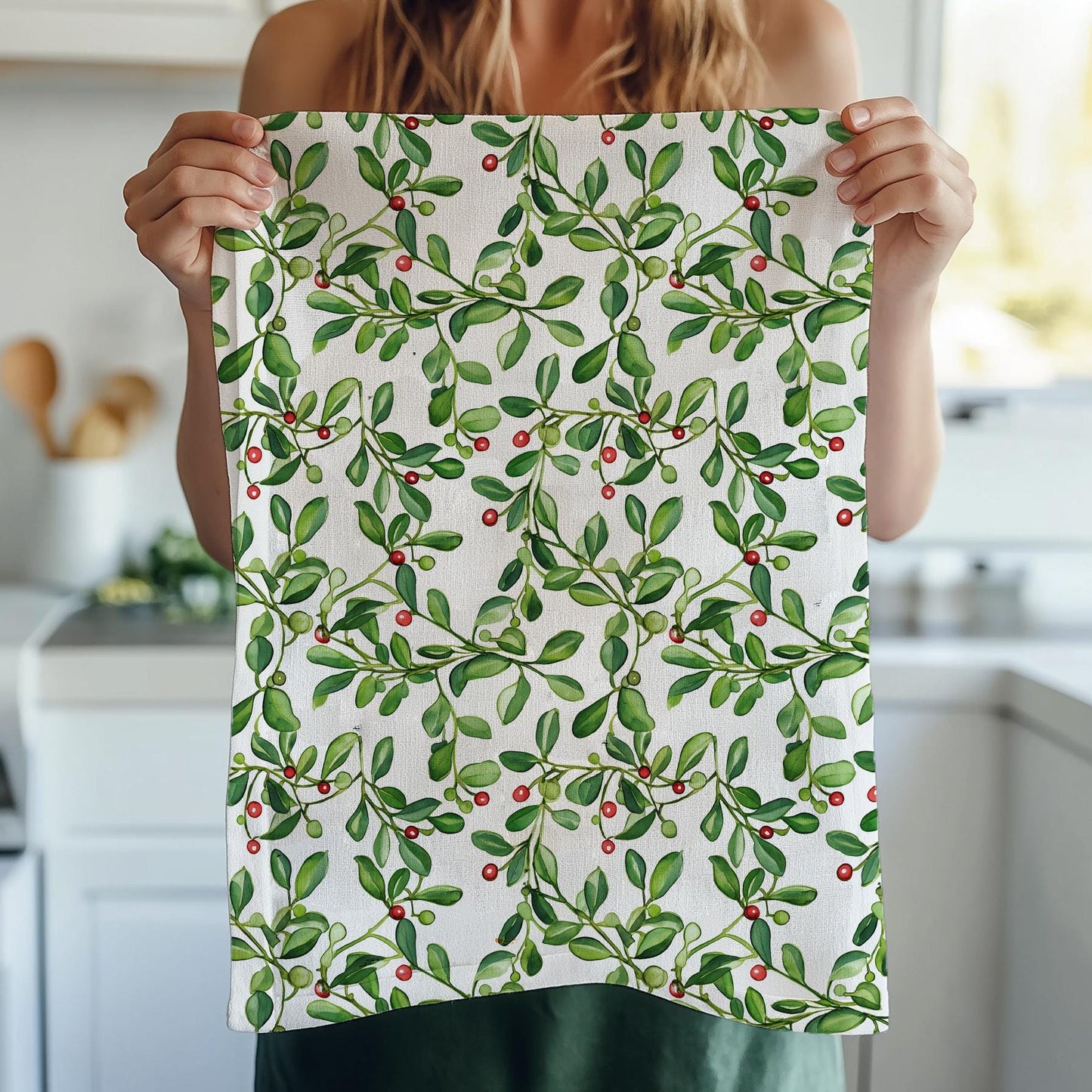 Greenery Tea Towel in linen - floral blossom print Hand Tea towels - Farmhouse Dish Décor Kitchen Towel Mistletoe print Festive