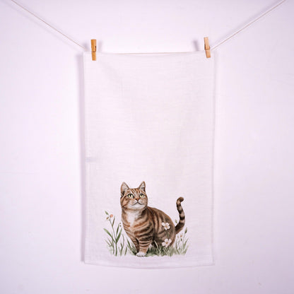 Cat in meadow kitchen Towel in linen - Tabby cat kawaii Hand Tea towels - Farmhouse Floral Dish Décor Kitchen Towel