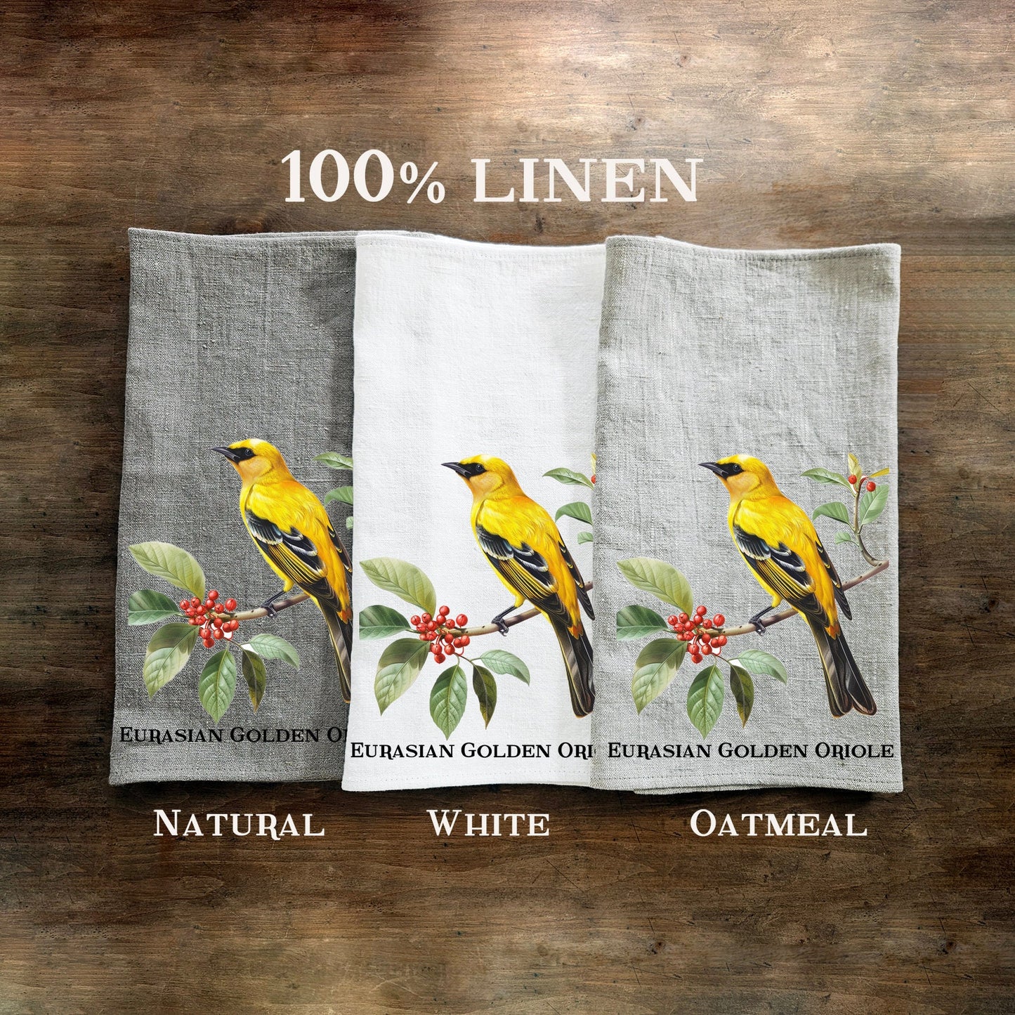 bird linen towel for kitchen, tea hand towelin linen with print golden oriole