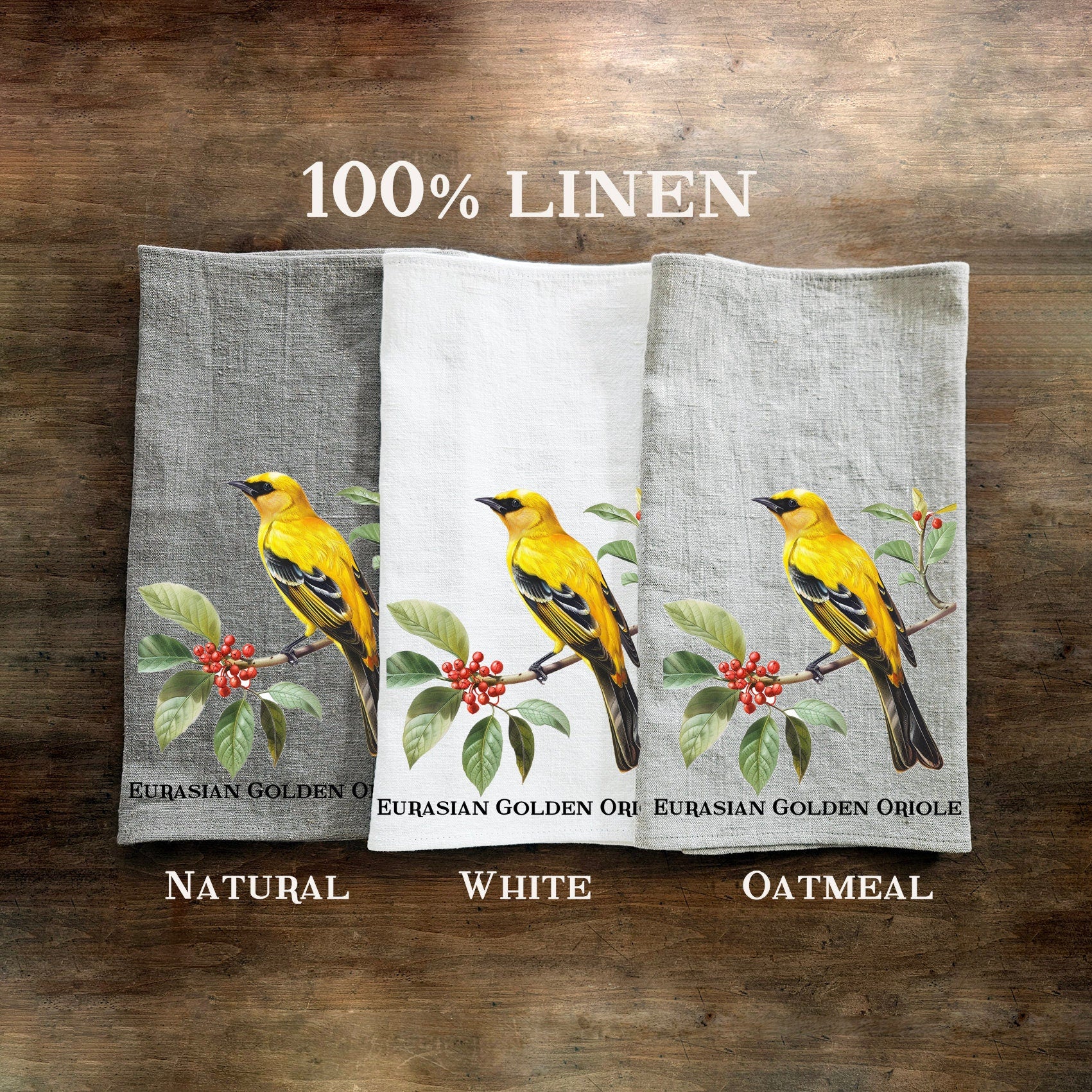 bird linen towel for kitchen, tea hand towelin linen with print golden oriole