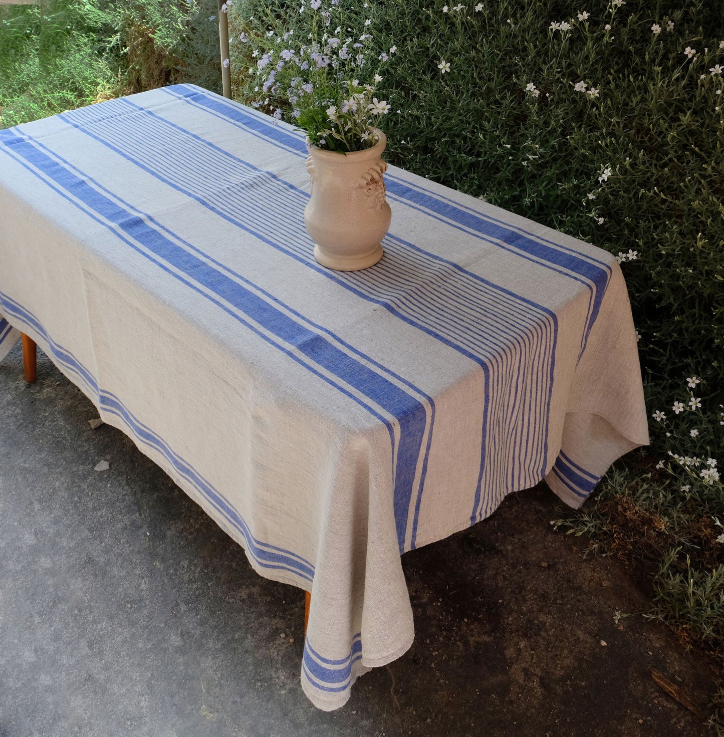 100% Linen tablecloth striped - blue grey black PREWASHED French table cloth rustic rectangle square oval -  country style Sack weave linen